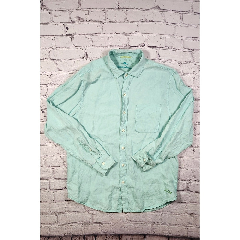 Tommy Bahama Mens Aqua Blue 100% Linen Long Sleeve Button Down Shirt Medium